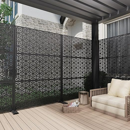 Casaphoria 72" H x 47" W Metal Outdoor Privacy Screen, Freestanding Decorative Divider for Patio, Deck, Balcony, and Garden with Stable Base, Black Gene