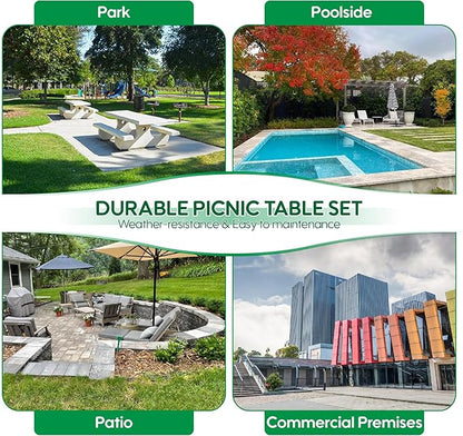 4FT Rectangular Metal Picnic Table for Outdoors, Commercial Steel Metal Picnic Tables, Heavy Duty Sturdy Picnic Tables Furniture Set for Patio Garden Courtyard BBQ, with Umbrella Hole, Grey