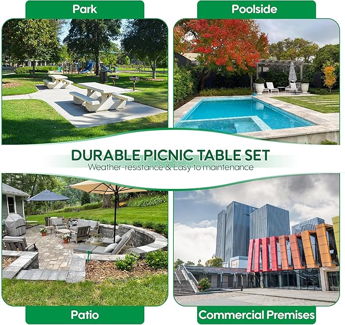 6FT Rectangular Metal Picnic Table for Outdoors, Commercial Steel Metal Picnic Tables, Heavy Duty Sturdy Picnic Tables Furniture Set for Patio Garden Courtyard BBQ, with Umbrella Hole, Grey