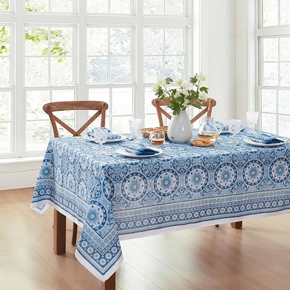 Elrene Home Fashions Vietri Medallion Blue Coastal Block Print Stain & Water Resistant Indoor/Outdoor Fabric Rectangle Tablecloth, 60"x84"