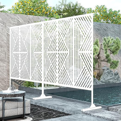 Casaphoria 72" H x 47" W Metal Outdoor Privacy Screen, Freestanding Decorative Divider for Patio, Deck, Balcony, and Garden with Stable Base, White Zodiac