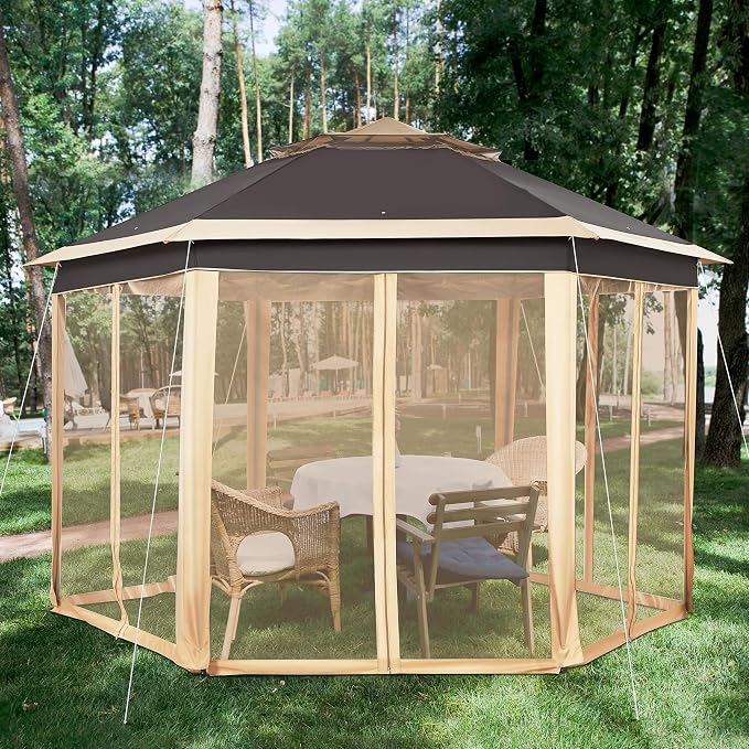 Yaheetech 13x13 Pop Up Gazebo Double-Tier w/Mesh Netting Patio Canopy Brown | - Image 8