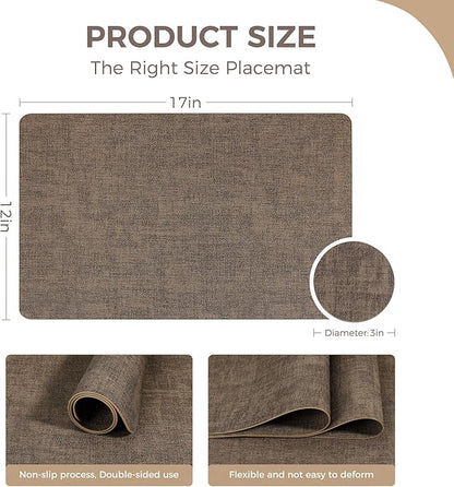 Vinyl Placemats Set of 8, Faux Leather Waterproof and Heat Resistant Place Mats, Washable Anti-Slip Table Mats with Coaster, Wipeable Placemats for Indoor & Outdoor 17" x 12" (Dark Coffee, Set of 8)