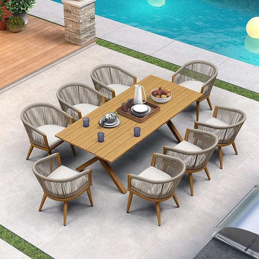 PURPLE LEAF Patio Dining Set for 8 All-Weather Wicker Woodgrain Aluminum 9 Piece Outdoor Table and Chairs Set Included Cushions for Backyard Indoor Decor Kitchen Outdoor Furniture Set Teak Color