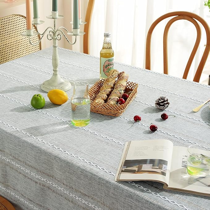Chassic 60 x 104 inches Farmhouse Style Linen tablecloths, Wrinkle Resistant Washable Dining Room Table Cloths for 6 Foot Rectangle Tables - Hemstitch Light Grey