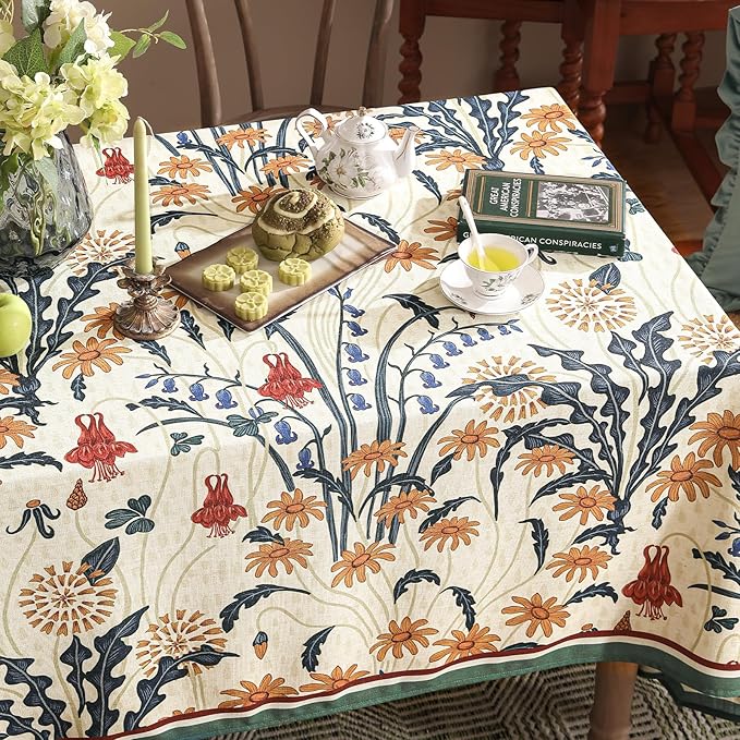 French Vintage Long Rectangular Tablecloth,Linen Tablecloth with Gold and Red Floral Pattern,Decorative Table Cover for Kitchen,Dining,Thanksgiving,Party,Living Room,63" × 102"-Tijuana