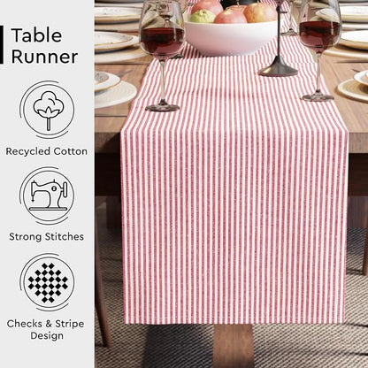 Encasa XO Cotton Dining Table Runner | Ticking Red | Size 13x94 in - Machine Washable & Durable