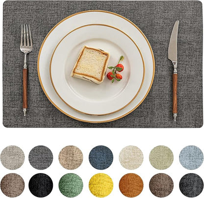Romanstile Vinyl Placemats Set of 12-12 X 17 Inch - Heat Resistant Place Mats 100% Waterproof Oilproof Wipeable Reversible Faux Leather Table Mats for Kitchen, Dining, Party, Outdoor, Dark Grey