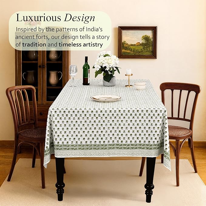 CPC Lotus Meadow Tablecloth 100% Cotton 70x108 Inch Indian Block Print Rectangle Table Cover, Table Cloth for Gifting in Weddings, Halloween, Fall, Christmas, Thanksgiving