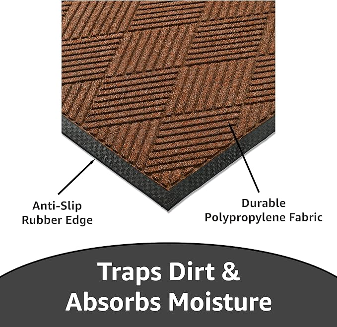 Ecomills Deluxe Diamond Entrance Door Mat, Large Heavy Duty Absorbent Rubber Rug, Brown, 3' X 4' feet