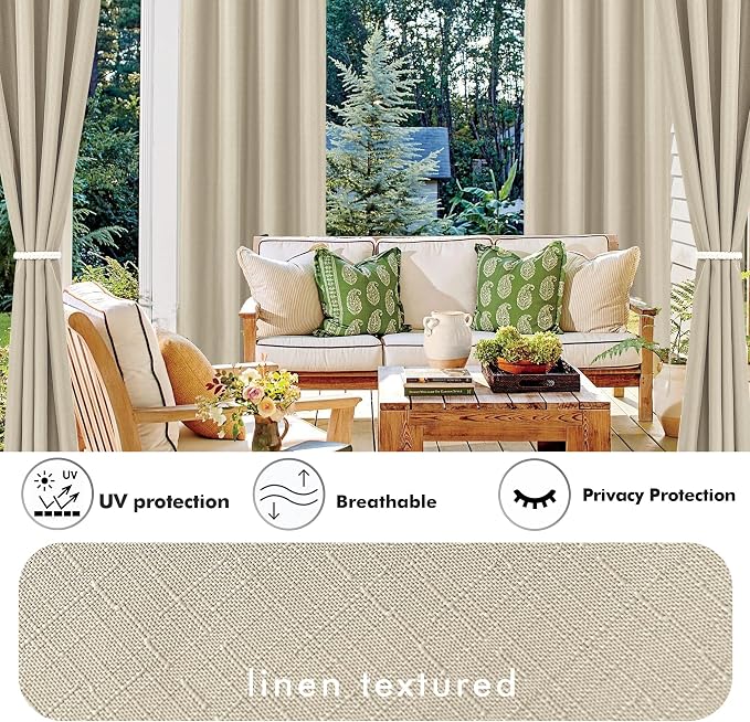 Linen Outdoor Curtains for Patio Waterproof 4 Pcs 110x95 In Cream | Light - Image 3