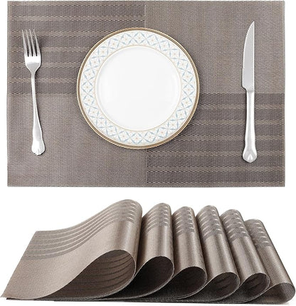 fanquare Vinyl Woven Placemats Set of 6 Classic Stylish Brown Patchwork Striped PVC Placemat for Dining Table Washable Non-Slip Waterproof Table Mats