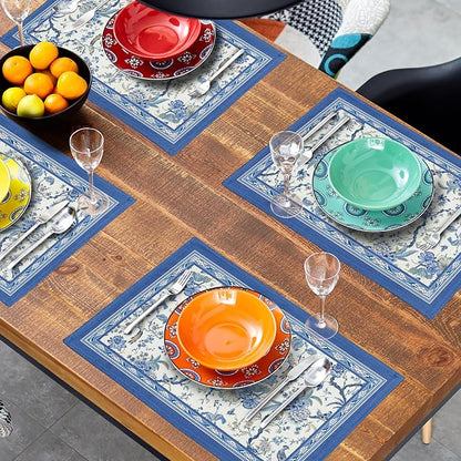 Giwawa 4PCs Chinoiserie Placemats Blue White Floral Birds Decorative Linen Table Mat 12"x18" Oriental Style Classic Flowers Heat Resistant Washable Place Mats for Kitchen Dining Party