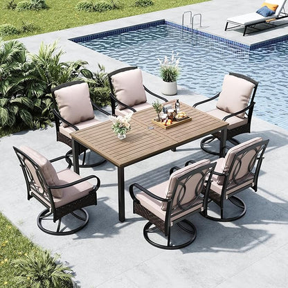 MFSTUDIO Patio Dining Sets with Swivel Chairs, Wood-Like Metal Table for 6 and Wicker Chairs, 7 Pieces Outdoor Dining Furniture, Patio Rectangular Table and Chair for Deck, Backyard