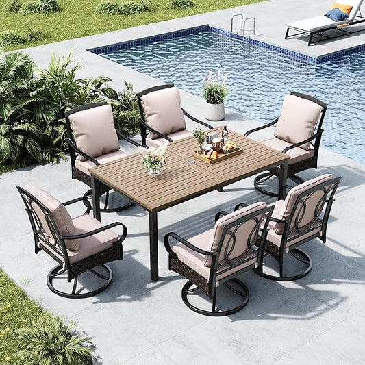 MFSTUDIO Patio Dining Sets with Swivel Chairs, Wood-Like Metal Table for 6 and Wicker Chairs, 7 Pieces Outdoor Dining Furniture, Patio Rectangular Table and Chair for Deck, Backyard