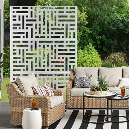 Metal Privacy Screen for Outdoor & Indoor Use, Free Standing Privacy Screen for Patio Garden Pool, 72" H x 47" W Decoative Privacy Panels, Weather Resistant, Easy Assembly (White Helen Street)