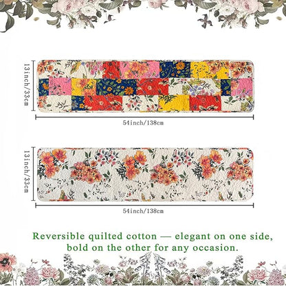 Cotton Quilted Floral Patchwork Table Runner 54 Inches Long – Handmade Farmhouse Table Runner for Dining Room, Coffee Table, or Buffet (Floral, 13*54)