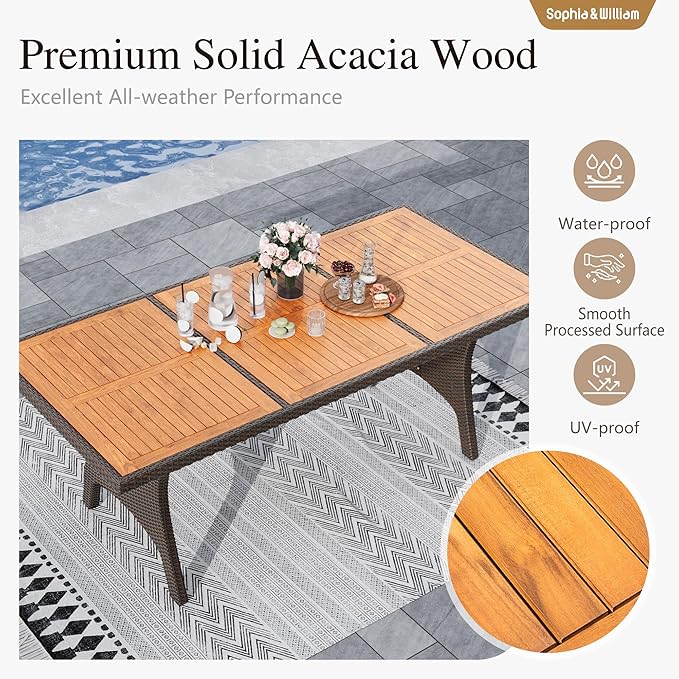 Sophia & William 7 Piece Patio Dining Set, Patio Table and Chairs Set Outdoor Dining Set for 6, Acacia Wood Patio Dining Table Set with PE Rattan Wicker Chairs for Garden, Porch, Backyard