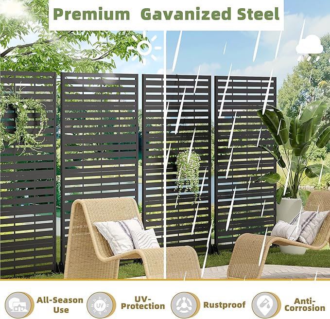 Casaphoria Metal Privacy Screen Outdoor, 72" H x 47" W Freestanding Decorative Privacy Screen for Patio Deck Balcony Garden with Stable Base, Black Adrian