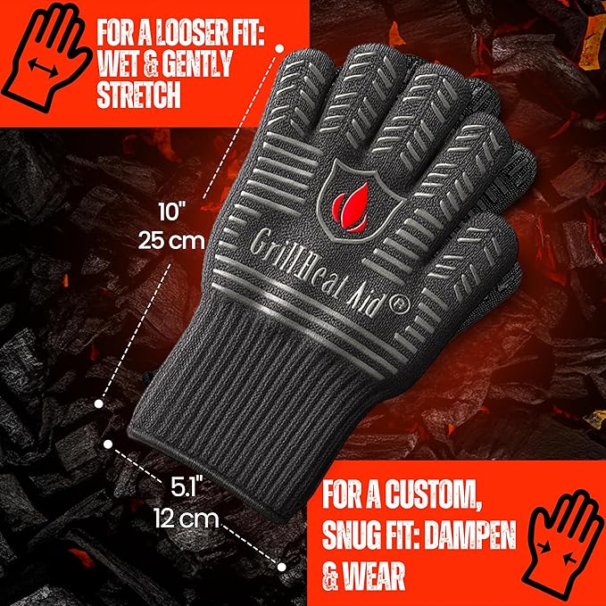 GRILL HEAT AID BBQ Grill Gloves 1472°F - Extreme Heat Resistant Oven Mitts for Grilling, Smoker & Fire Pit with Silicone Grip & EN407 Cut Resistance - Short Cuff, Dusky Gray