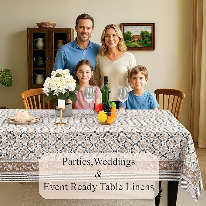 CPC Sandstone Regal Tablecloth 100% Cotton 60x60 Inch Indian Block Print Rectangle Table Cover, Table Cloth for Gifting in Weddings, Halloween, Fall, Christmas, Thanksgiving