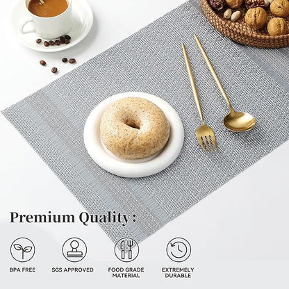 Leetaltree Lunar Grey Placemats Set of 8 - Heat Resistant Non-Slip Place mats for Dining Table, Washable Durable PVC Vinyl Woven Table Mats（Lunar Grey, 8）