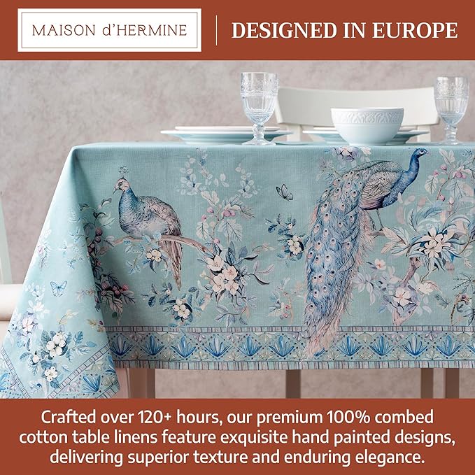Maison d' Hermine Premium Table Cloth Rectangle Table 100% Combed Cotton 108 x 70 Inches Tablecloth Reusable Decorative for Dining Room Home Party Festive Wedding - Peacock Utopia - Pastel Turquoise