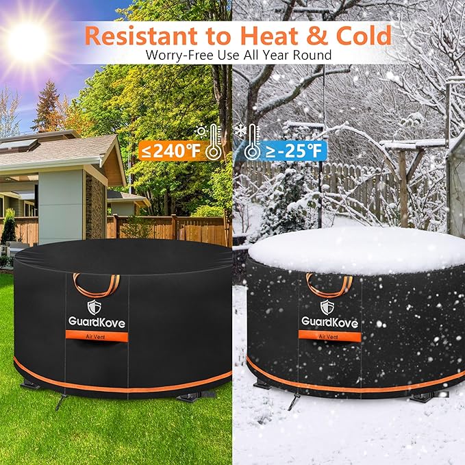 [Upgraded 1000D Heavy Duty Fabric] 36” Fire Pit Cover Round for 33”- 36” Fire Pit/Tables, Waterproof Tear & Fade Resistant Firepit Cover with Buckle, Handle, Drawstring, Air Vent (36”D x 20”H,Black)