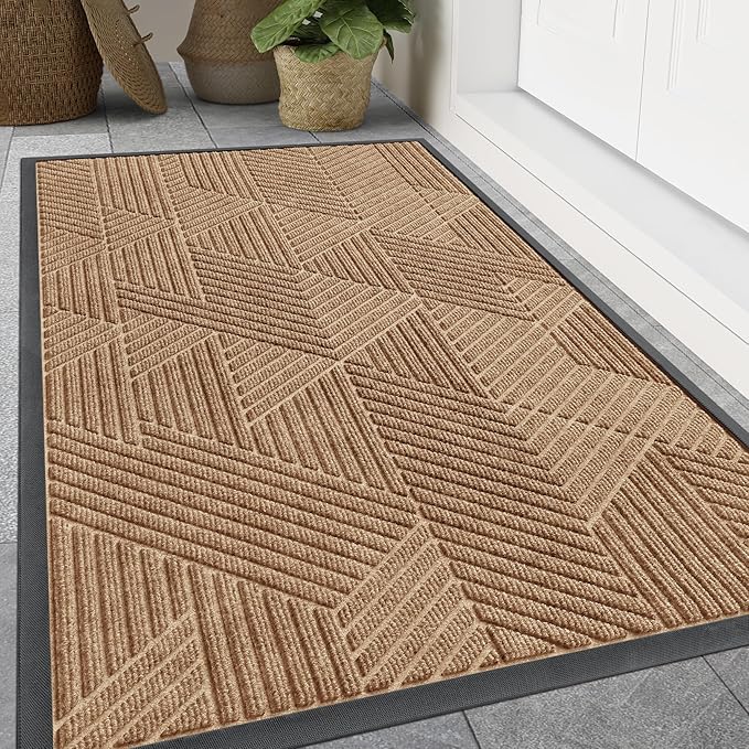 Smiry Front Door Mat Outside Entrance, Heavy Duty Sturdy Natural Rubber Doormat, Trap Dirt and Moisture, Easy Clean Low Profile Mats for Indoor Outdoor Entry, Irregular Triangle (71x24, Coffee)