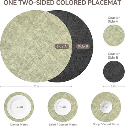 13" Round Placemats Set of 6, NCUE Dual-Sided Faux Leather Heat Resistant Table Mats, Waterproof Oilproof Washable Protective Table Placemats with Coaster, Wipeable Vinyl for Indoor & Outdoor Use