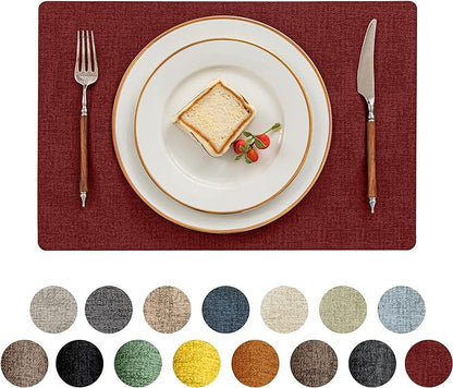Romanstile Vinyl Placemats Set of 6-12 X 17 Inch - Heat Resistant Place Mats 100% Waterproof Oilproof Wipeable Reversible Faux Leather Table Mats for Kitchen, Dining, Party, Outdoor, Red