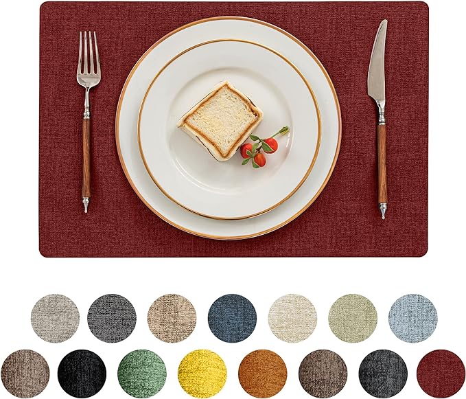 Romanstile Vinyl Placemats Set of 8-12 X 17 Inch - Heat Resistant Place Mats 100% Waterproof Oilproof Wipeable Reversible Faux Leather Table Mats for Kitchen, Dining, Party, Outdoor, Red