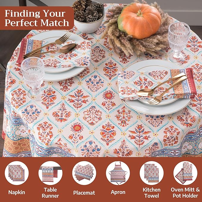 Maison d' Hermine Table Cloth Round Table 100% Cotton 69 Inches Fall Tablecloth Reusable Everyday Use for Thanksgiving Christmas Decorations Dining Farmhouse Party (Romane)