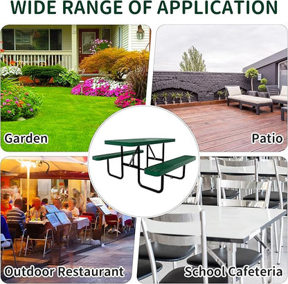 4FT Picnic Tables for Outdoors, Rectangular Commercial Metal Picnic Table Bench Set with Umbrella Hole,Heavy Duty Steel Weather-Resistant Dining Table for Patio Dining Garden Backyard BBQ School