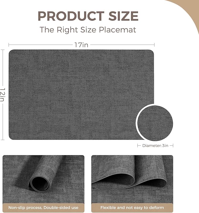 Vinyl Placemats Set of 6, Faux Leather Waterproof and Heat Resistant Place Mats, Washable Anti-Slip Table Mats with Coaster, Wipeable Placemats for Indoor & Outdoor 17" x 12" (Black, Set of 6)
