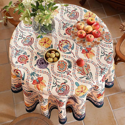 Vintage French Round Tablecloth,Linen Extra Long Tablecloth with Rose and Cornflower Pattern,Decorative Table Cover for Kitchen,Dining,Thanksgiving,Party,Diameter 55"-Lanae