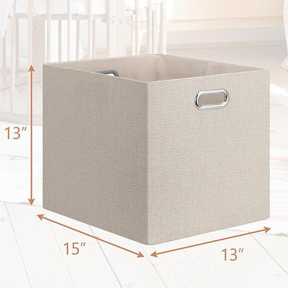 Posprica 13x15x13in Collapsible Storage Bins, Fabric Foldable Cube Storage Boxes, Decorative Storage Baskets Organizer for IKEA Kallax, Shelves, Closet, Clothes, Toy, Set of 4-Beige