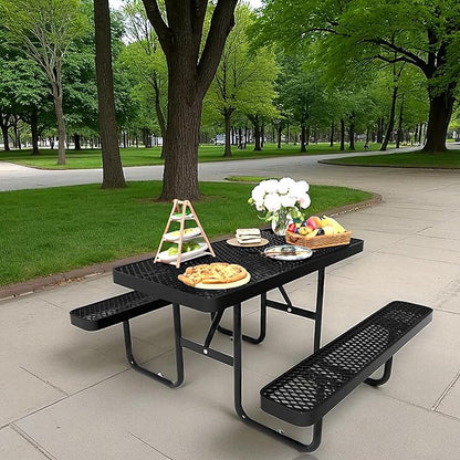 4 FT Metal Picnic Tables for Outside, Outdoor Coated Steel Heavy Duty Commercial Picnic Table with Benches, Patio Table Rectangular Furniture Set for Garden, Lawn, Shops, Parks