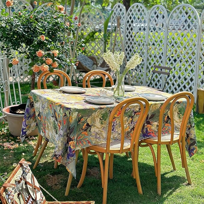 Spring Summer Rectangle Tablecloth, Activated Print Floral Waterproof Table Cloth, Dining Table Cover for Dining, Picnic, Outdoor, Wedding - 72''x54'' - Green