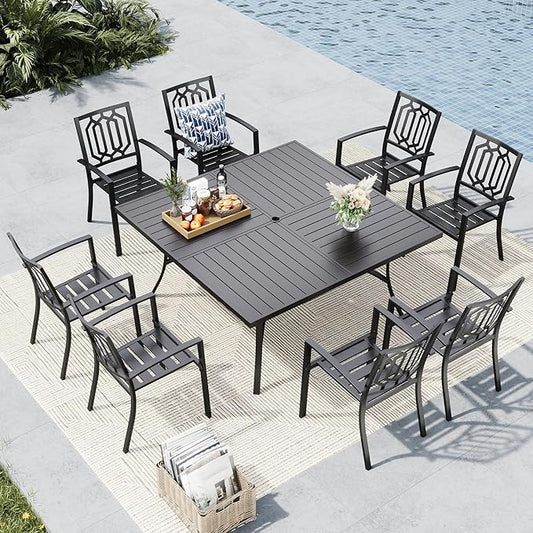 MFSTUDIO Outdoor Dining Set for 8, Metal Patio Table and Chairs Set, Patio Dning Set with Umbrella Hole, 9 Piece Outdoor Patio Furniture Set for Deck Backyard Poolside Garden