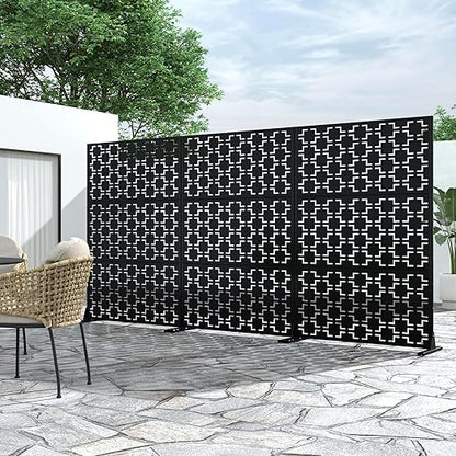 Casaphoria 72" H x 47" W Metal Outdoor Privacy Screen, Freestanding Decorative Divider for Patio, Deck, Balcony, and Garden with Stable Base, Black-Square