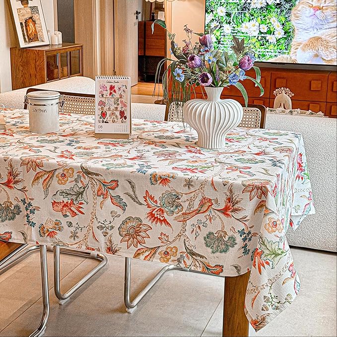 Rectangle Outdoor Tablecloth Linen Textured Washable Waterproof Table Cloth, Floral Decorative Table Cover for Dining, Farmhouse, Wedding, Party, Easter - 60 x 108 Inch, Flowers and Birds
