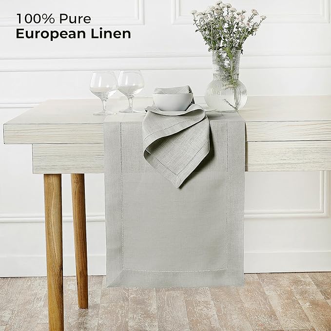 D'Moksha Homes Linen Silver Grey Table Runner 84 Inches Long - 100% Pure Linen Table Runner 14 x 84 Inch for Spring, Easter - Classic Hemstitch