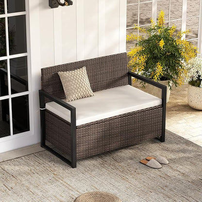 RELAX4LIFE Wicker Rattan Outdoor Storage Loveseat Bench Mix Brown Off White | - Image 8