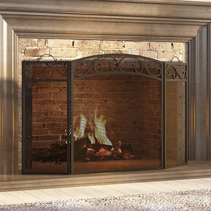 Fire Beauty Fireplace Screen 3 Panel with Handles Wrought Iron 51"(L) x31(H) Spark Guard Cover(Sanded Black)