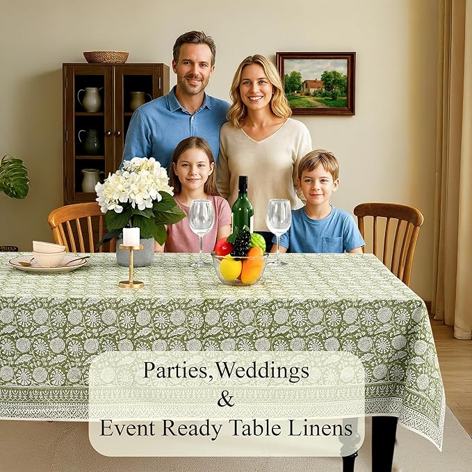 CPC Olive Bloom Tablecloth 100% Cotton 80x120 Inch Indian Block Print Rectangle Table Cover, Table Cloth for Gifting in Weddings, Halloween, Fall, Christmas, Thanksgiving
