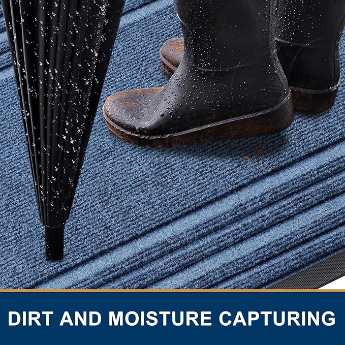 Buganda Front Door Mat Indoor Outdoor Entrance, Non-Slip Natural Rubber Doormats, Easy Clean, Low Profile, Dirt Trapper Entryway Floor Mats for Outside, Garages and Patios, 29.5x17, Light Blue