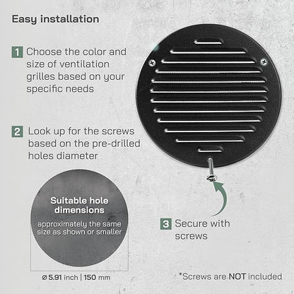 Vent Systems 6 Inch (Inner) - Pack of 5 - Black Metal Soffit Vent Cover - Durable Round Air Vent Grille with Mesh Screen - Weather Resistant Ventilation Grill - Wall & Ceiling, Indoor & Outdoor