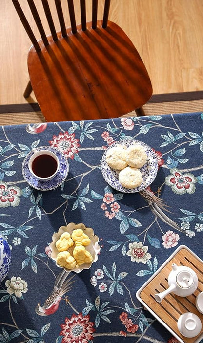 patdrea Designer Vintage Dark Blue Linen Square Tablecloth,Navy French Floral and Birds Pattern Table Cloth,Decoration Table Cover for Kitchen,Dining,Tea Party,Home,Christmas,55"*55"