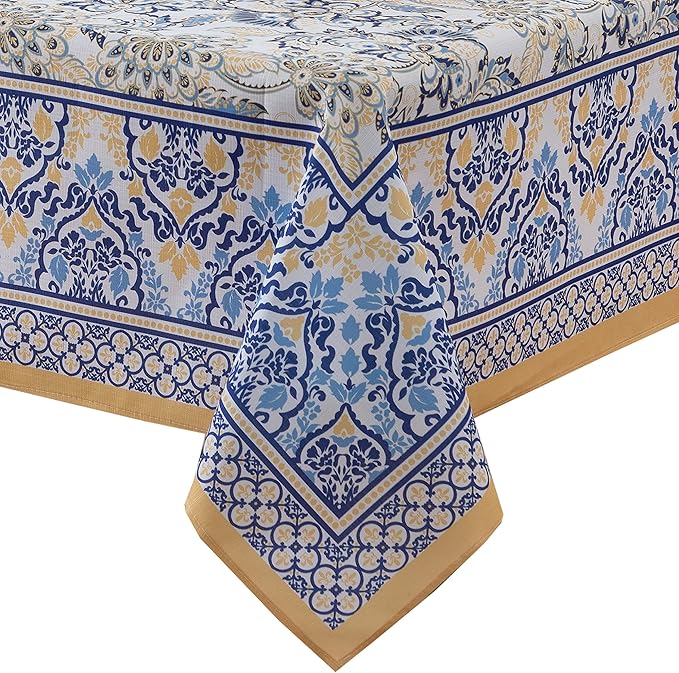 Home Bargains Plus Rectangle Fabric Tablecloth, 60 x 102 Inch, Allure Yellow and Blue Floral Bordered Print, Indoor Outdoor Stain and Water Resistant Table Cloth, Provence French Country